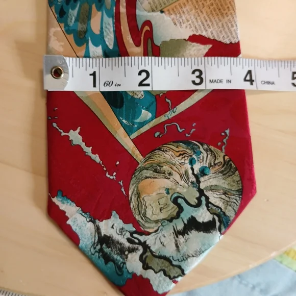 Vintage Deep Red and Teal Artistic Silk Italian Tie - Picture 9 of 9